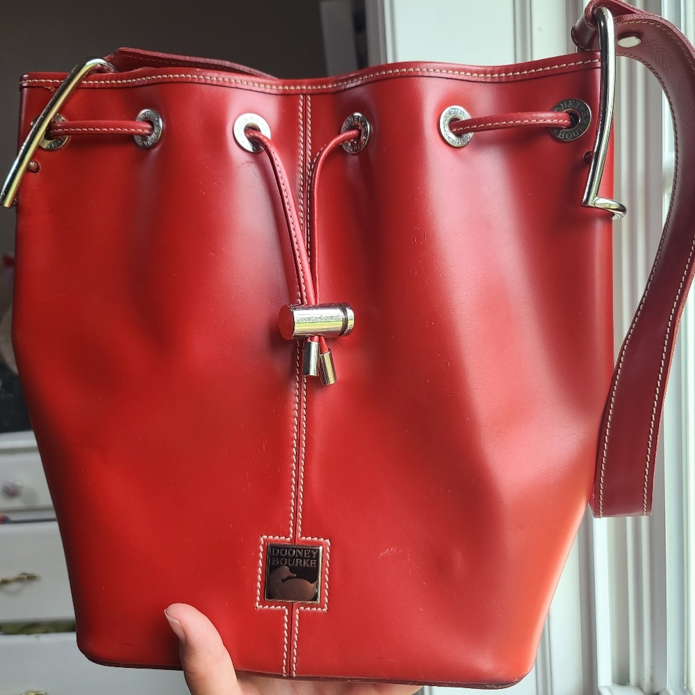 Dooney and Bourke red drawstring bucket bag purse